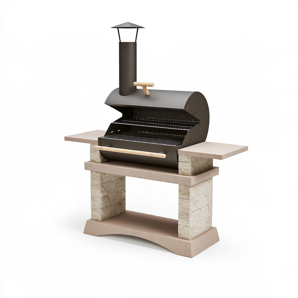 Barbecue extérieur 160 x 70 x 190 cm en acier noir et pierre avec cheminée style traditionnel