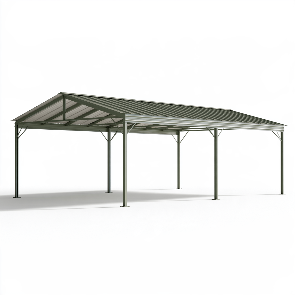 Carport 600 x 500 x 270 cm en acier vert foncé avec toiture inclinée pour extérieur