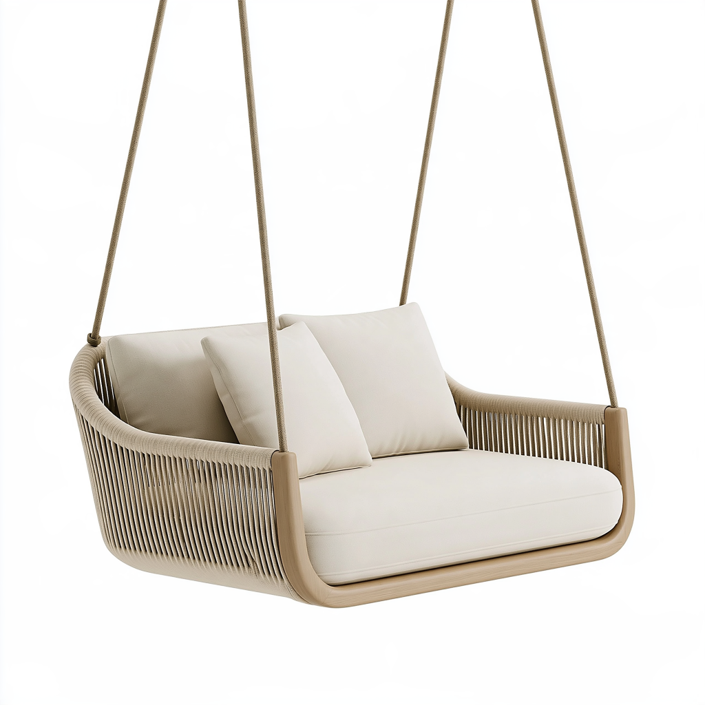 Balancelle suspendue 2 places 130 x 75 x 65 cm en bois et corde beige style contemporain