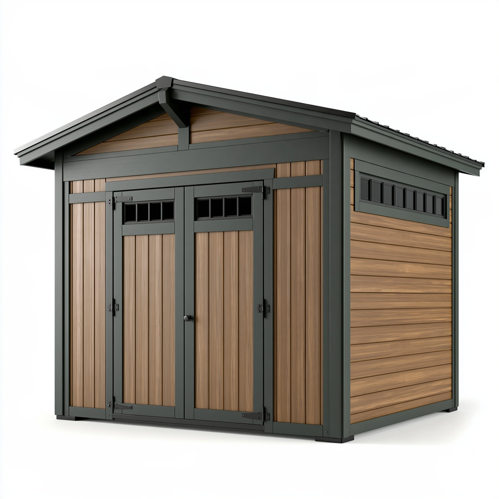 Abri de jardin 240 x 180 cm bois brun et métal anthracite avec portes doubles moderne
