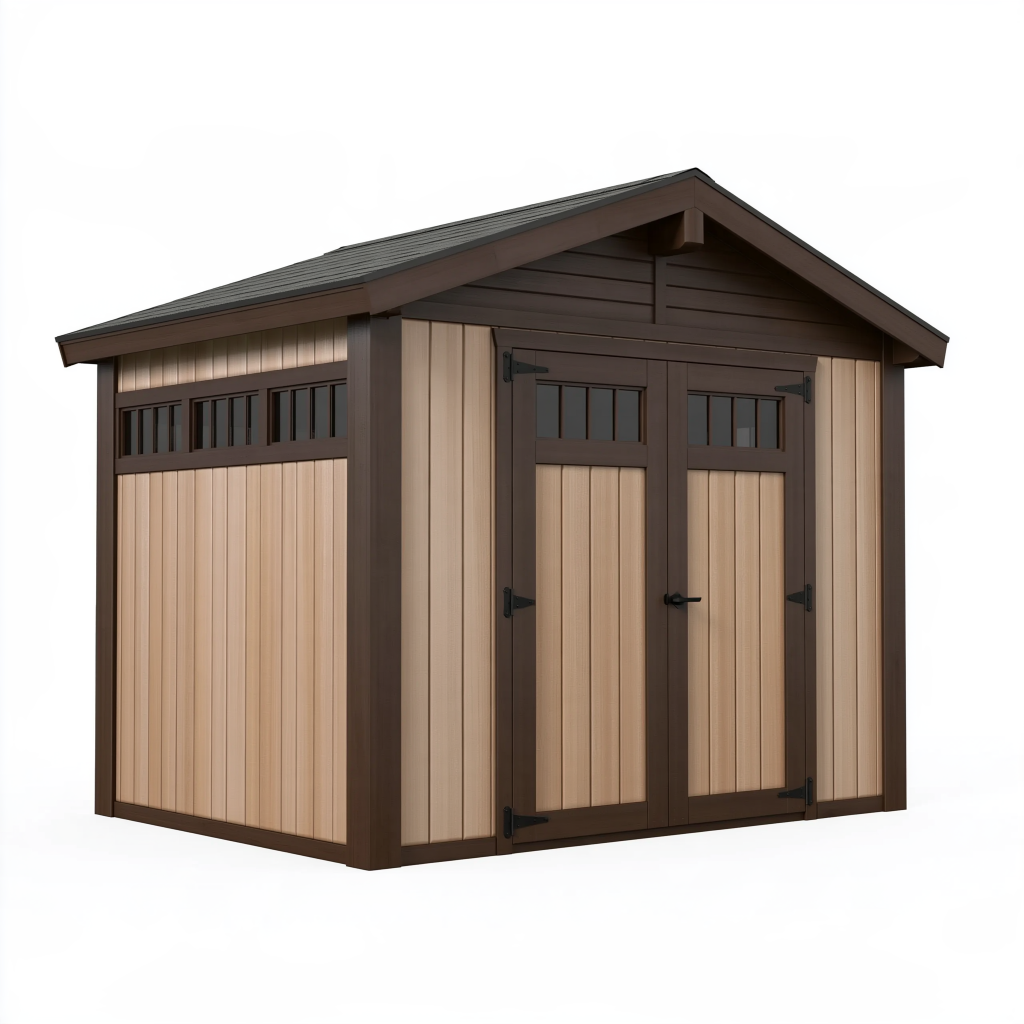 Abri de jardin 185 x 120 x 200 cm en résine beige et marron - double porte avec fenêtres