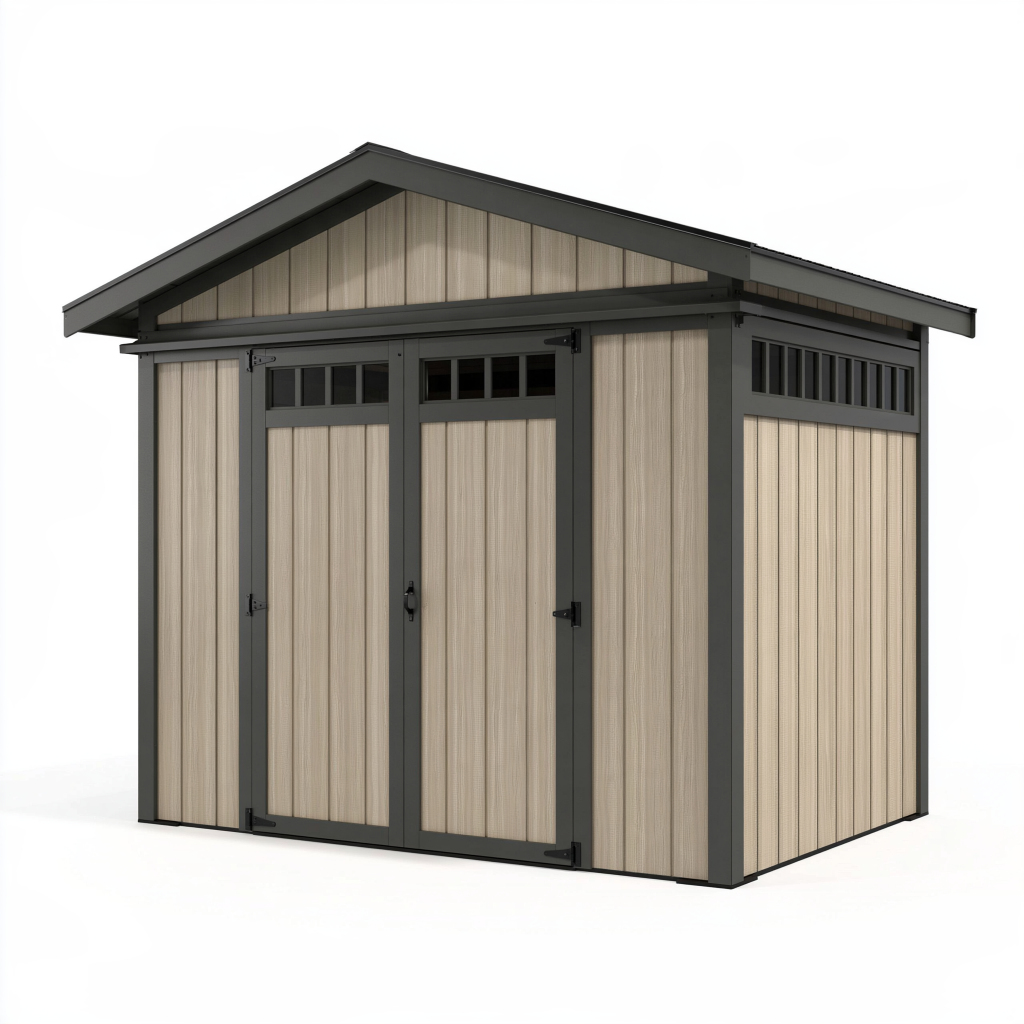 Abri de jardin 240 x 180 x 220 cm en résine beige anthracite pour rangement extérieur contemporain