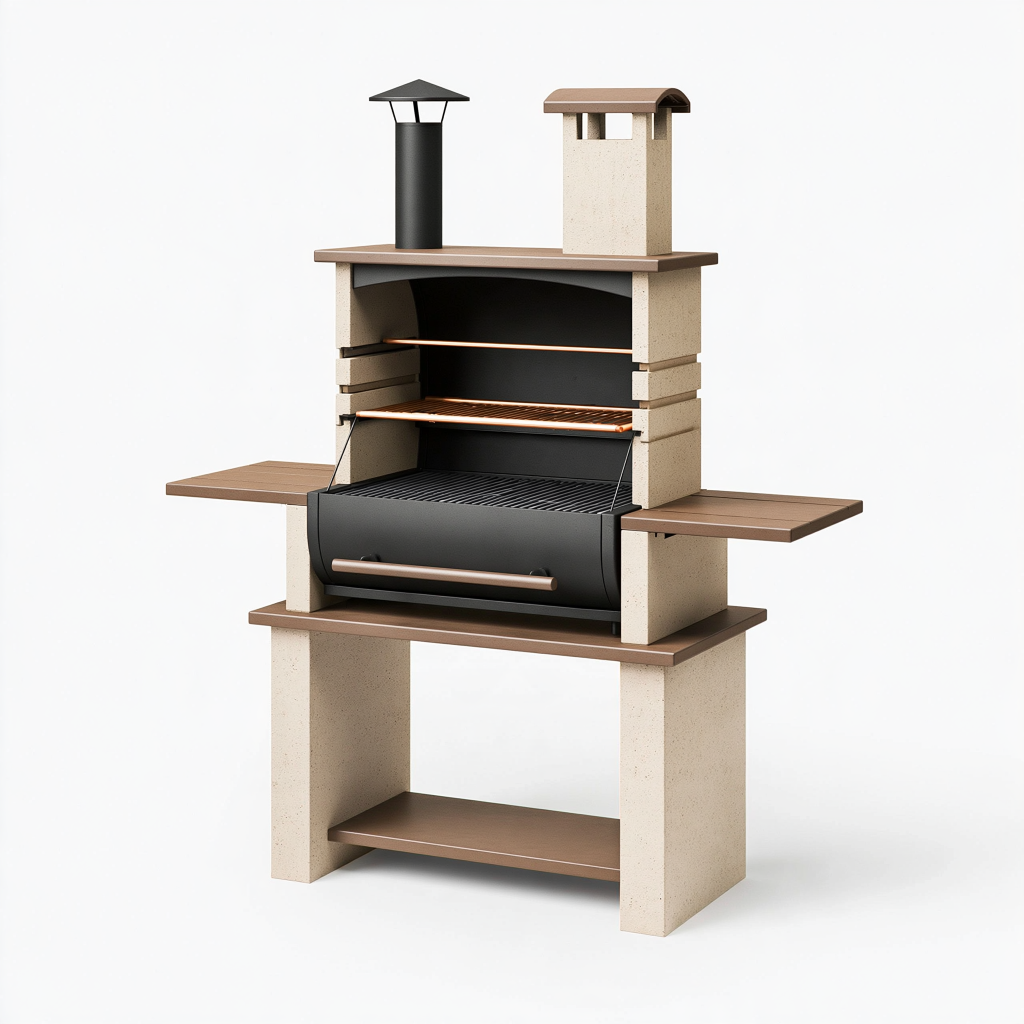 Barbecue de jardin 160 x 75 x 210 cm en béton et acier noir taupe avec cheminée