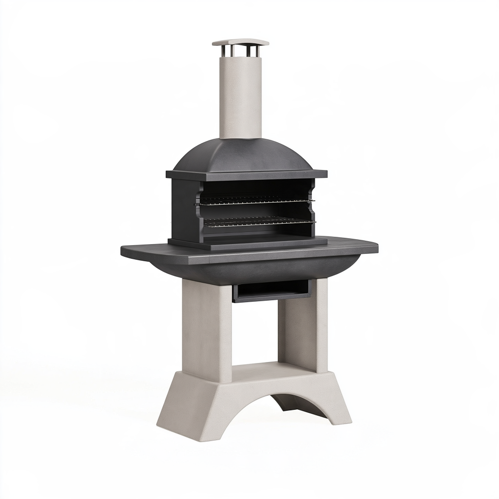 Barbecue de jardin 120 x 70 x 210 cm en béton et acier noir gris avec cheminée pour cuisson au charbon