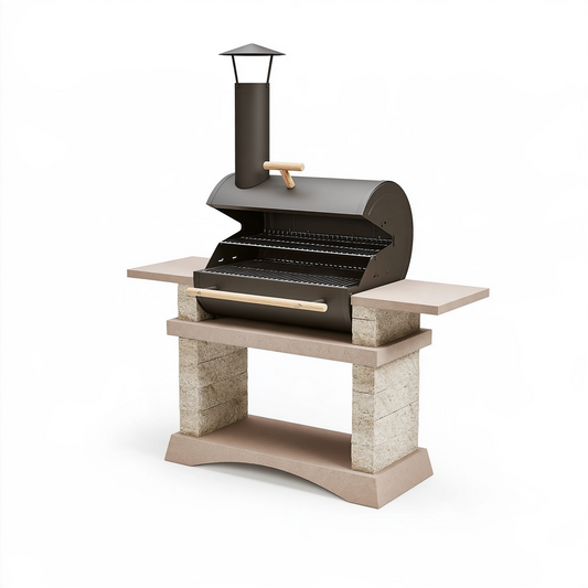 Barbecue extérieur 160 x 70 x 190 cm en acier noir et pierre avec cheminée style traditionnel