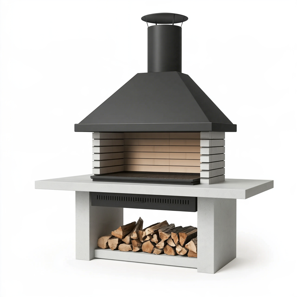 Barbecue de jardin 160 x 80 x 235 cm en béton et acier noir avec cheminée et rangement à bûches