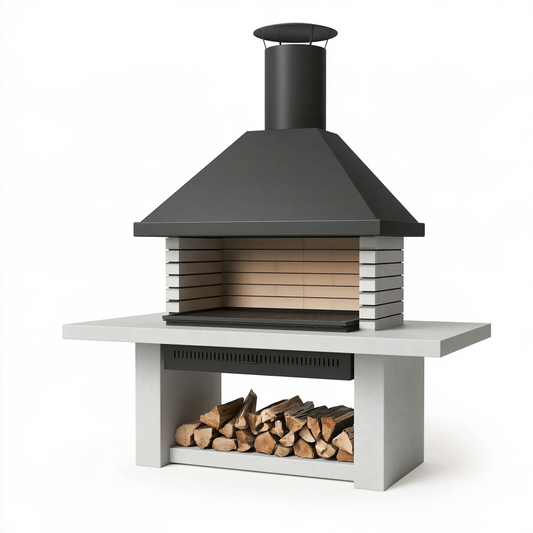 Barbecue de jardin 160 x 80 x 235 cm en béton et acier noir avec cheminée et rangement à bûches