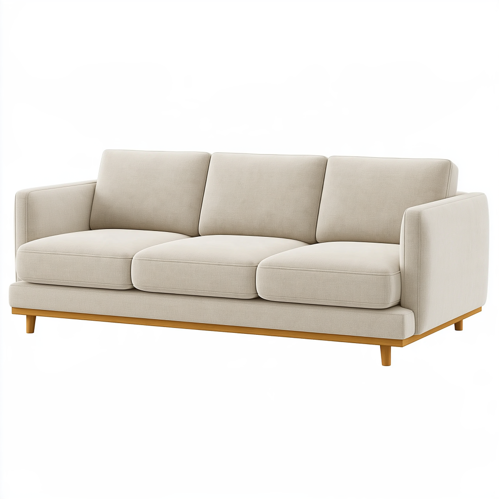 Canapé 3 places 220 cm en tissu beige avec piètement en bois style contemporain