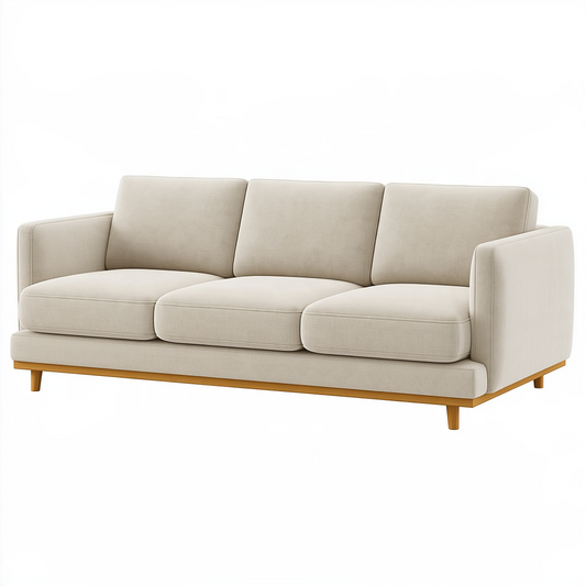 Canapé 3 places 220 cm en tissu beige avec piètement en bois style contemporain