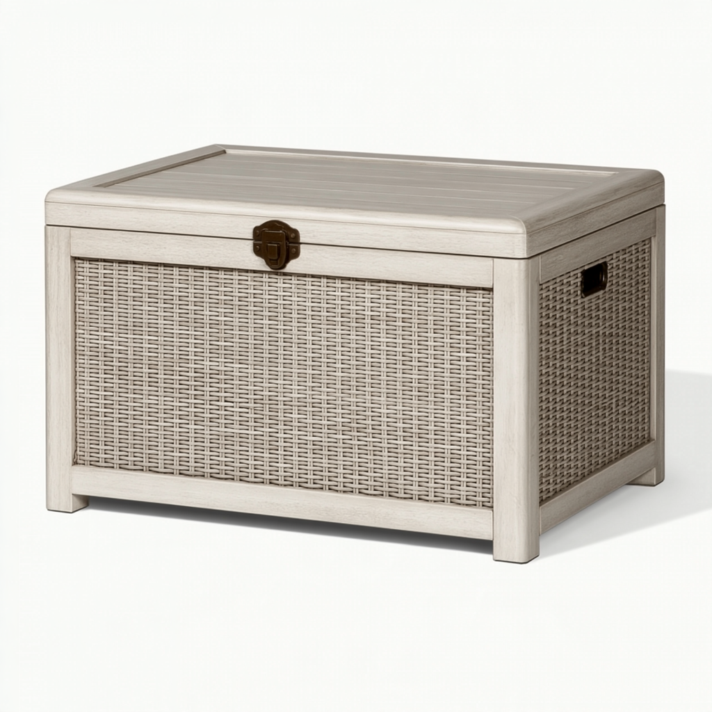 Coffre de rangement 90 x 50 x 45 cm en bois beige avec panneaux tressés style rustique