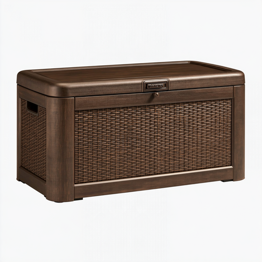 Coffre de rangement 120 x 60 x 65 cm en résine brun imitation rotin pour extérieur