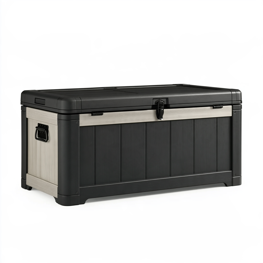 Coffre de rangement 120 x 55 x 60 cm en résine noir et gris à couvercle style contemporain
