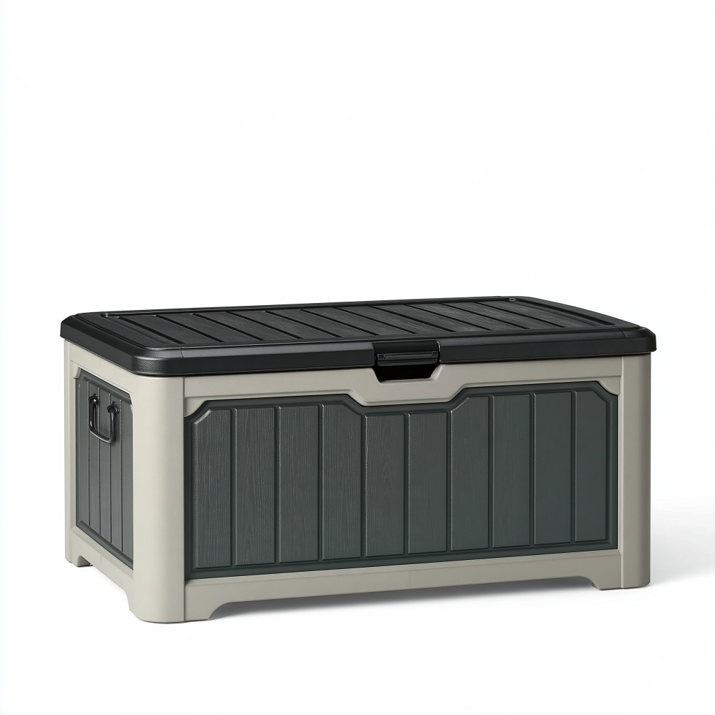 Coffre de rangement extérieur 120 x 56 x 63 cm en résine beige et anthracite avec couvercle