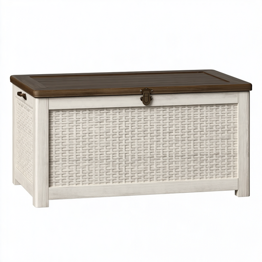 Coffre de rangement 100 x 45 x 50 cm en bois blanc et marron style rustique avec couvercle