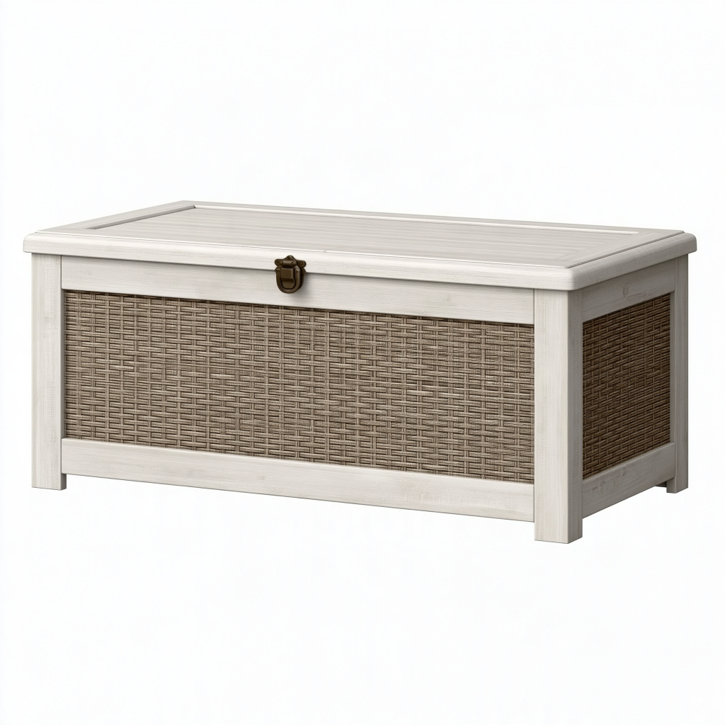 Coffre de rangement 100 x 45 x 50 cm en bois blanc et fibres tressées - Style rustique avec couvercle
