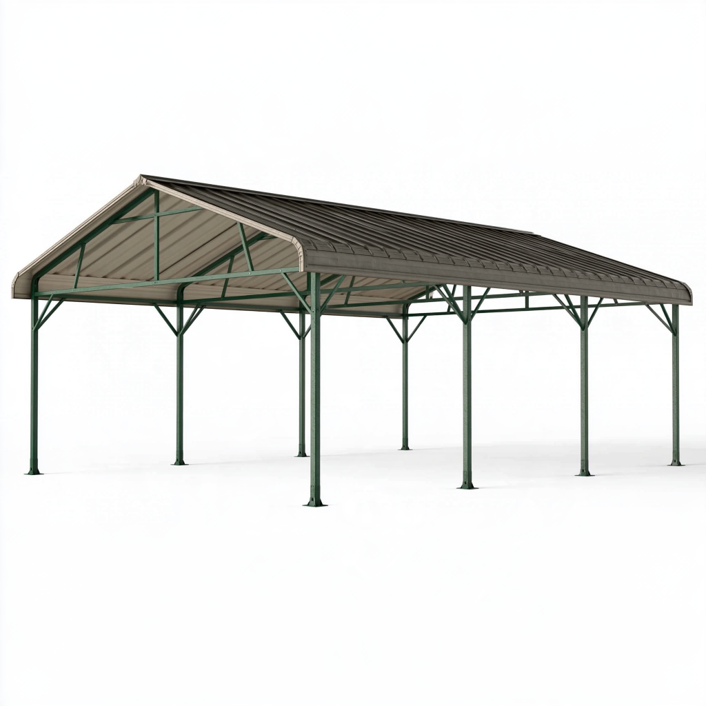 Abri voiture 600 x 300 x 270 cm en acier vert et gris - structure extérieure à toit à deux pentes