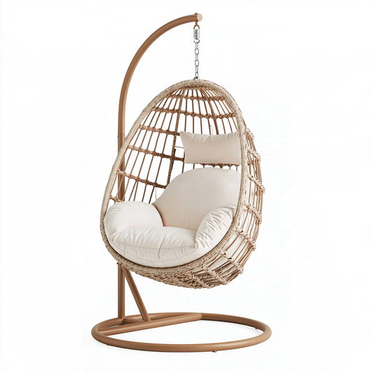 Fauteuil suspendu 105 cm x 105 cm x 195 cm en fibres tressées beige avec support en métal style bohème