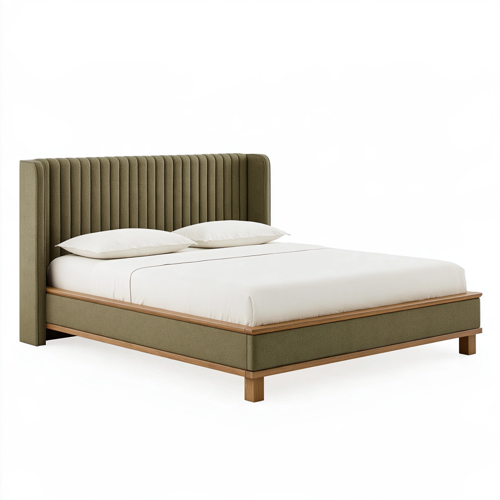 Lit double 160 x 200 cm en tissu vert olive avec cadre en bois style contemporain