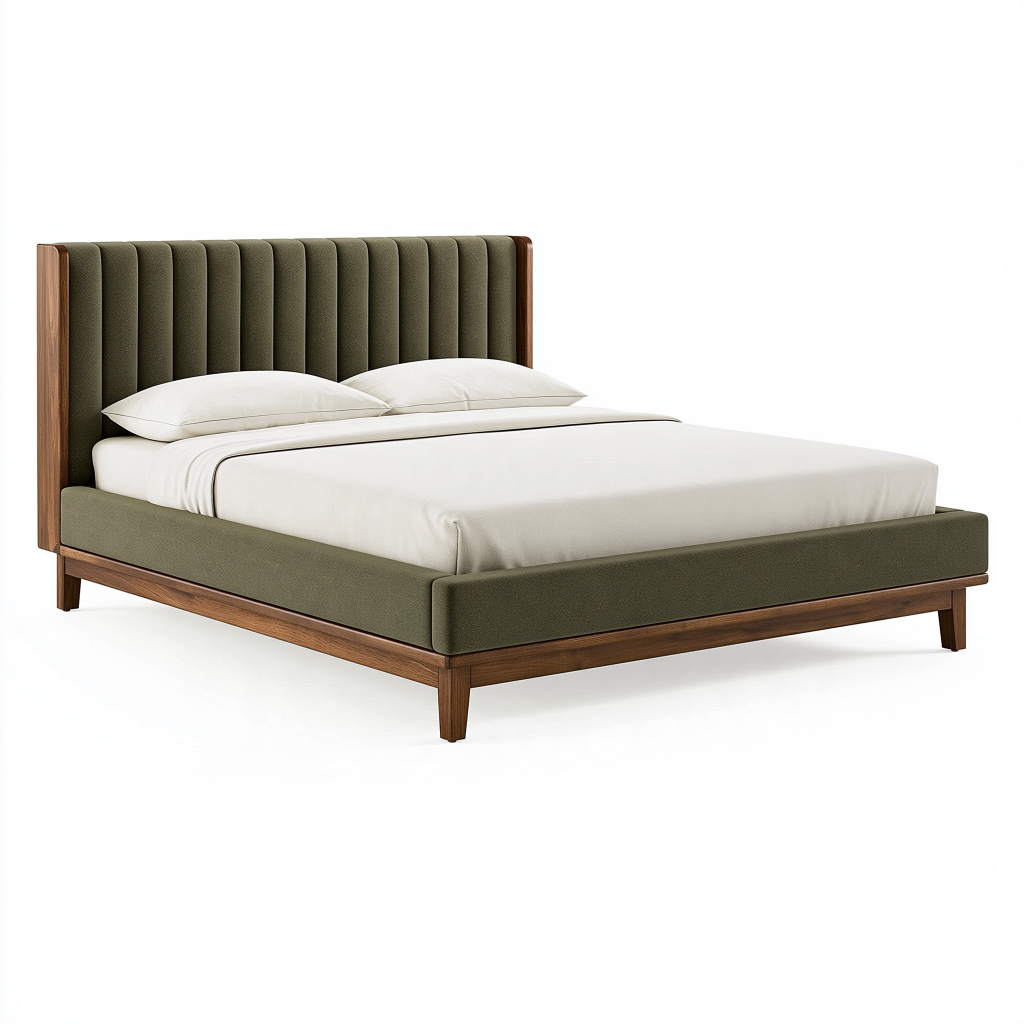 Lit 160 x 200 cm en bois et tissu vert olive style moderne avec tête de lit capitonnée