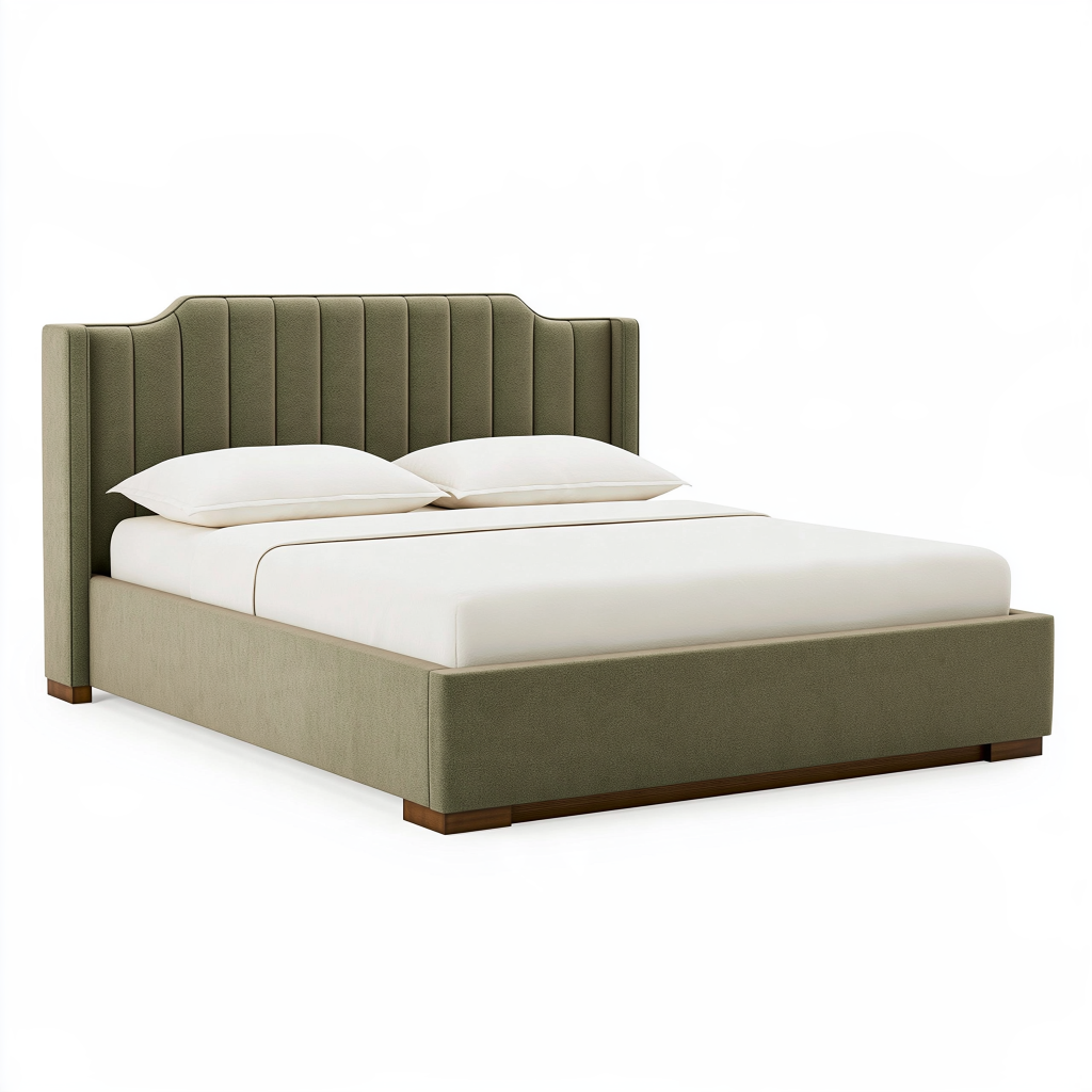 Lit double 160x200 cm en tissu vert olive avec tête de lit capitonnée