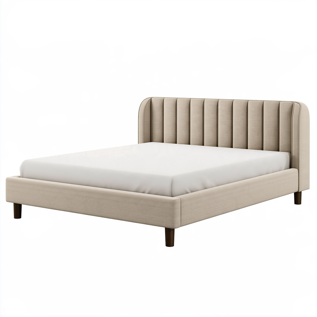 Lit 160x200 cm en tissu beige avec tête de lit capitonnée style contemporain