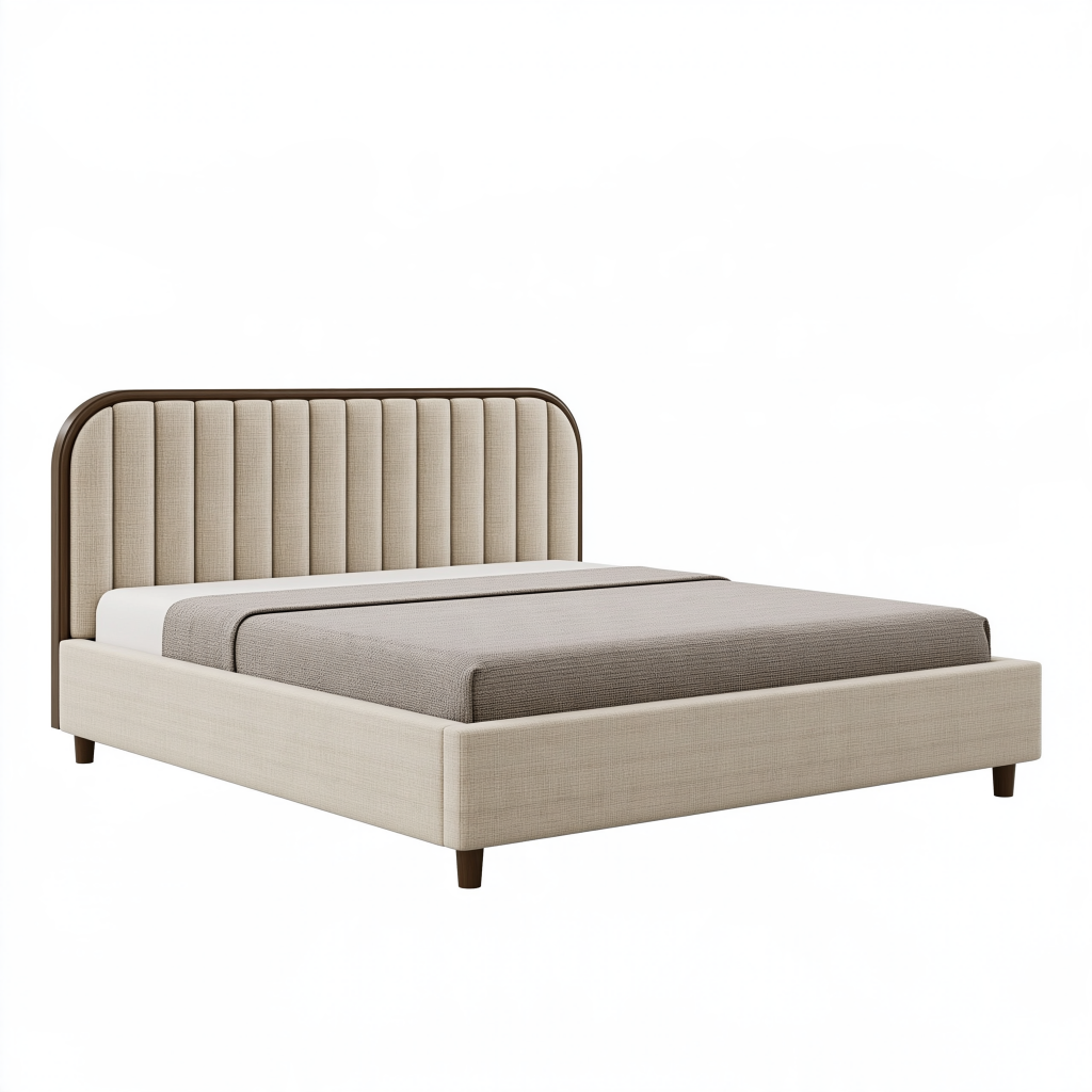 Lit double 160 x 200 cm en tissu beige avec tête de lit capitonnée style contemporain