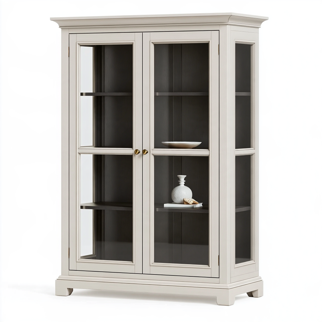Vitrine 100 x 45 x 190 cm en bois blanc et verre style classique