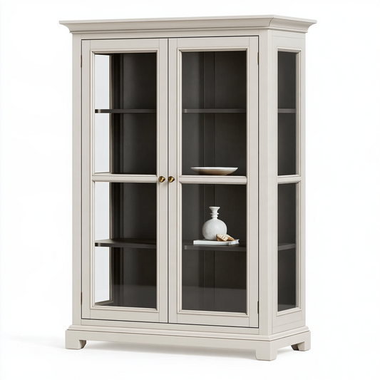 Vitrine 100 x 45 x 190 cm en bois blanc et verre style classique