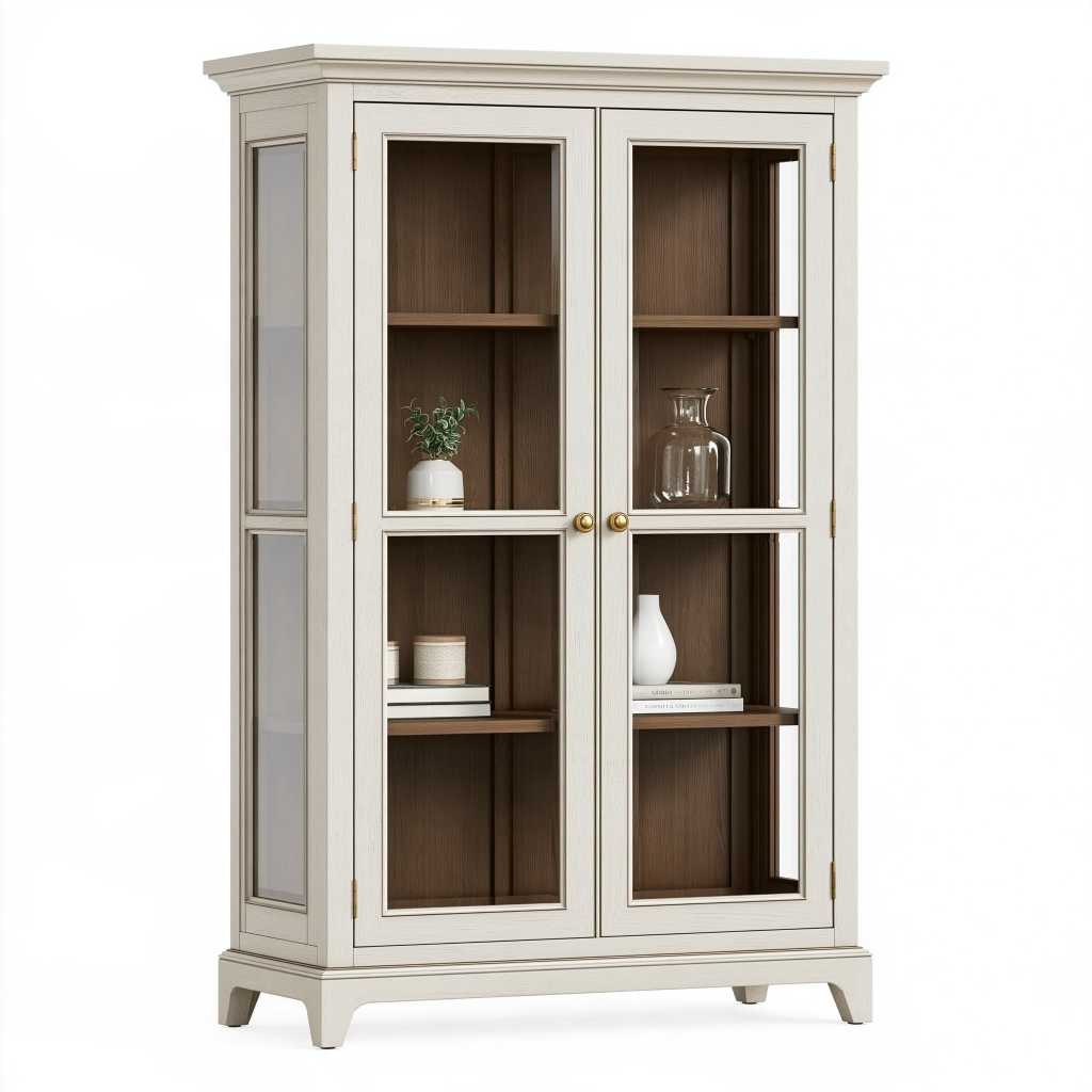 Vitrine 100 x 40 x 190 cm en bois blanc et brun style classique avec portes vitrées