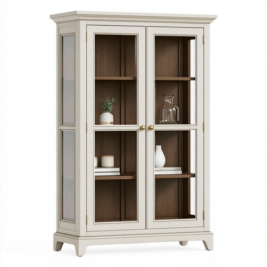 Vitrine 100 x 40 x 190 cm en bois blanc et brun style classique avec portes vitrées