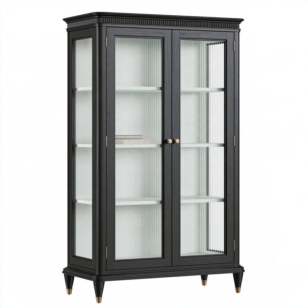 Vitrine 100 x 45 x 180 cm en bois noir et verre strié à 2 portes style classique
