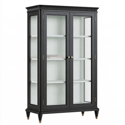 Vitrine 100 x 45 x 180 cm en bois noir et verre strié à 2 portes style classique
