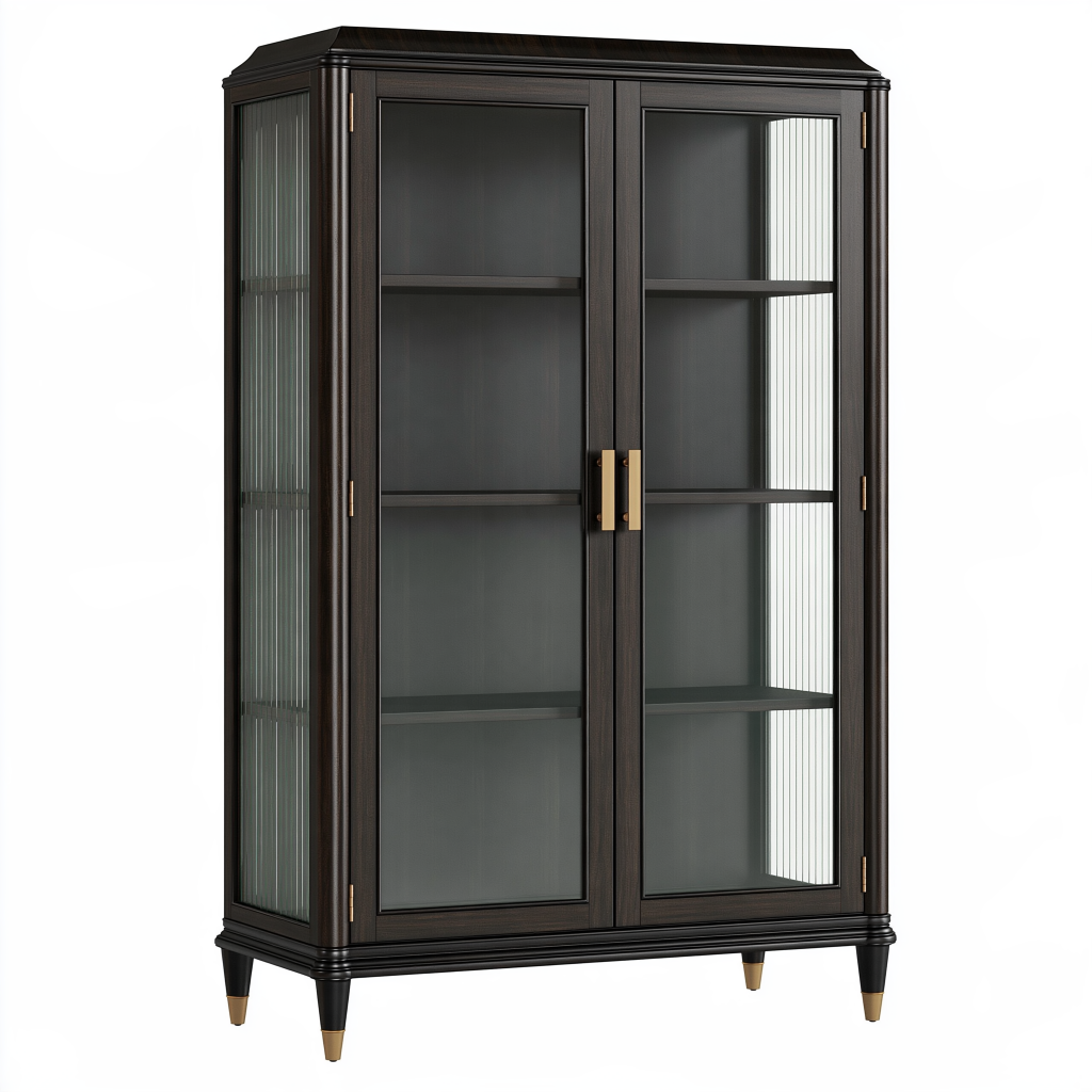 Vitrine 100 x 45 x 190 cm en bois brun foncé avec verre style classique