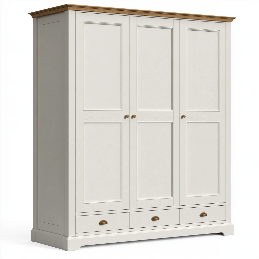 Armoire 150 x 55 x 200 cm en bois blanc et brun à 3 portes et 3 tiroirs style classique