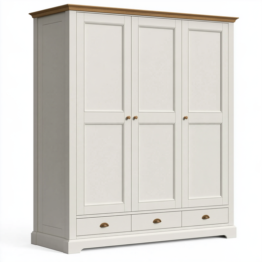 Armoire 150 x 55 x 200 cm en bois blanc et brun à 3 portes et 3 tiroirs style classique