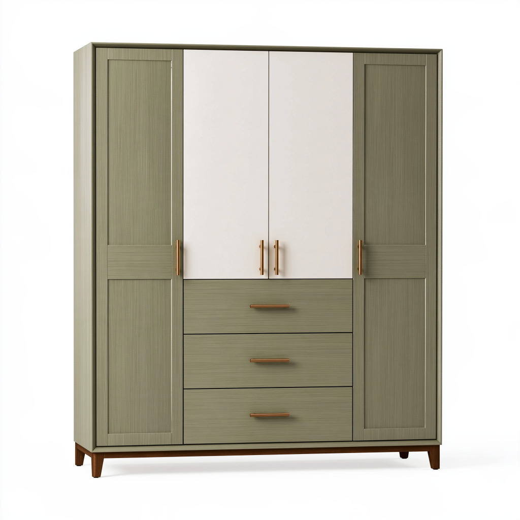 Armoire 160 x 60 x 200 cm en panneaux de bois vert olive et blanc avec 4 portes et 3 tiroirs