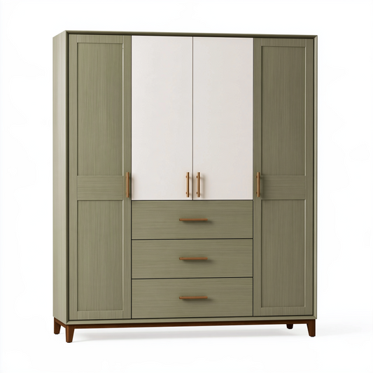 Armoire 160 x 60 x 200 cm en panneaux de bois vert olive et blanc avec 4 portes et 3 tiroirs