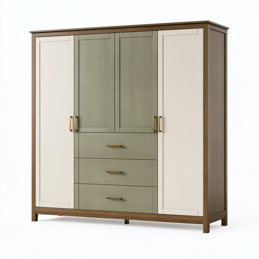 Armoire de rangement 180 x 55 x 200 cm en panneaux finition bois noyer vert sauge et beige style contemporain avec 4 portes et 3 tiroirs