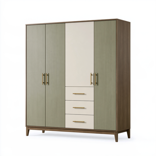 Armoire 4 portes 160 x 55 x 200 cm en panneaux de bois noyer vert sauge style contemporain