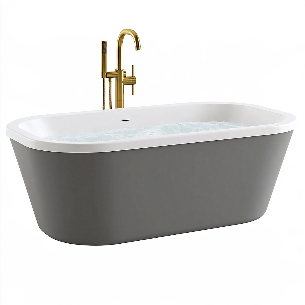 Baignoire îlot 170 x 80 cm en acrylique gris blanc avec robinet doré style contemporain