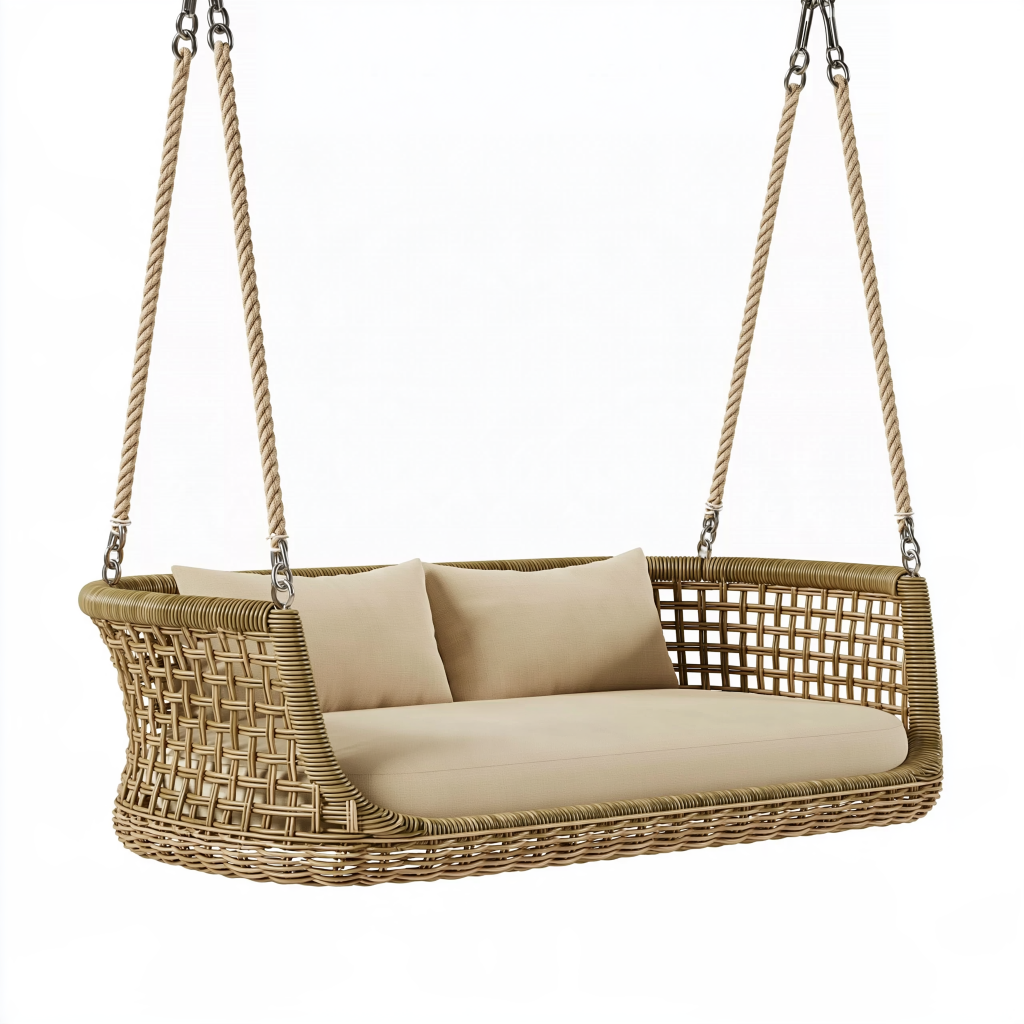 Balancelle suspendue 2 places 130 x 70 x 180 cm en rotin beige pour extérieur
