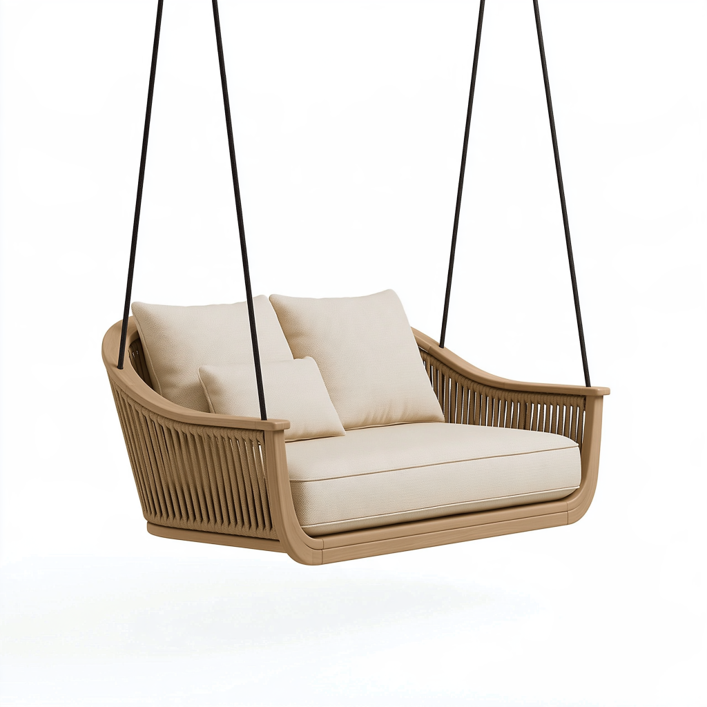 Balancelle suspendue 2 places 150 x 80 x 65 cm en bois et cordage beige pour espace détente style contemporain